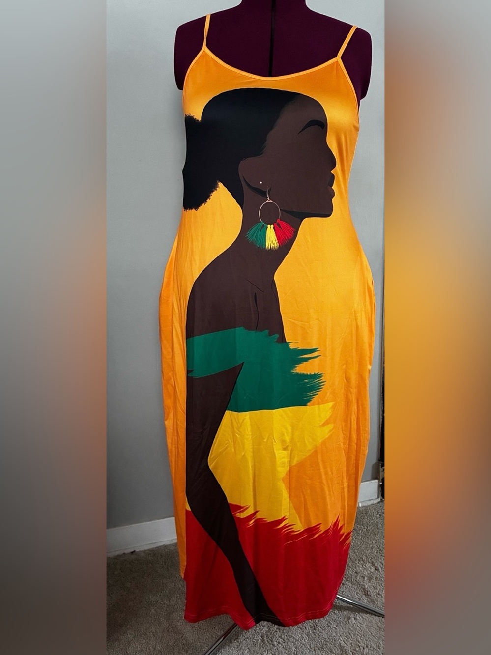 Juneteenth Vibrant Yellow Maxi Dress with African Silhouette Print